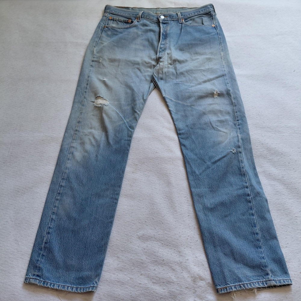 Levis 501 XX Mens Button Fly Straight Leg Jeans 40x38 Light Wash Denim Distress